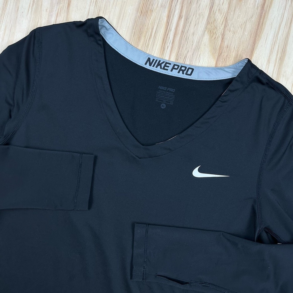 Nike Pro Dri-FIT Long Sleeve V-Neck Compression Shirt Black Size XL Women's
